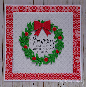 Christmas card with layered wreath around text stamp, using Large Wreath and Knit Picky papers by Lawn Fawn