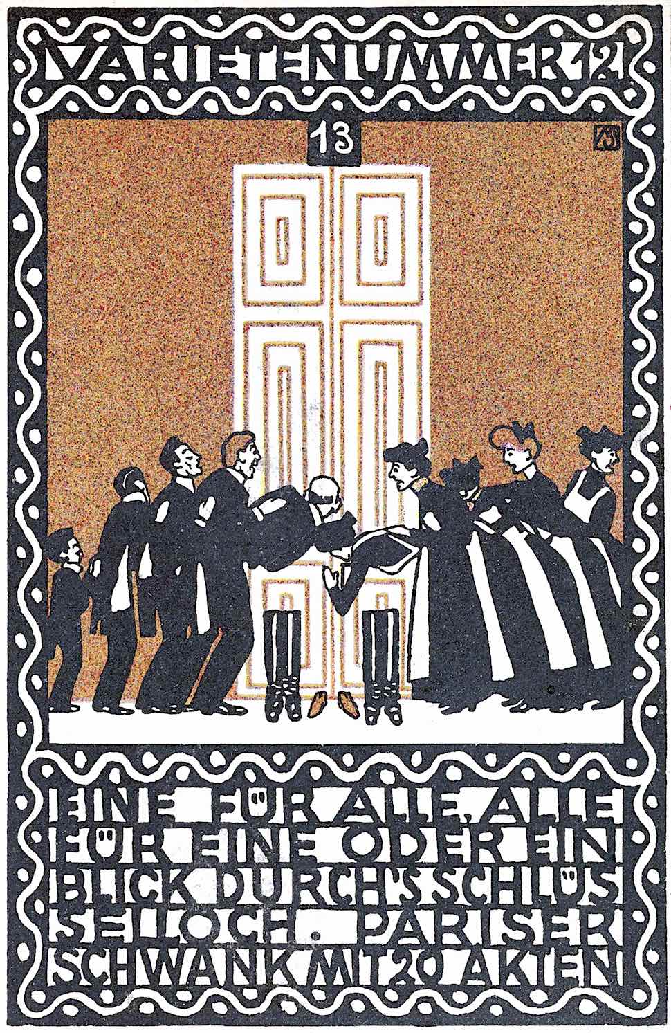 a Moriz Jung illustration of household help staff all listening at a door in 1907