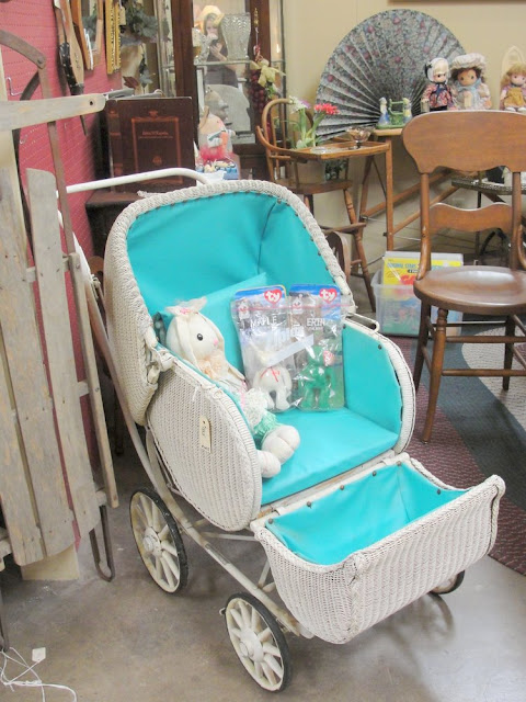 white wicker, blue lining, aqua, turquoise, baby buggy, carriage, vintage