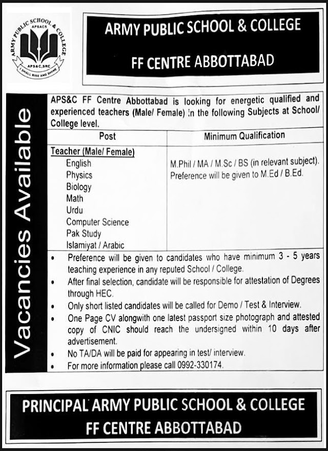 Army Public School and College FF Center Abbottabad Jobs 2022 