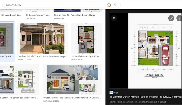 tangkapan layar (mungkin sekarang sudah berubah) dengan kata kunci rumah tipe 45