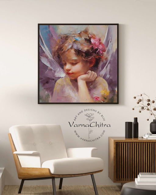 beautiful angel, innocent heavanly painting impasto thick paint oil painting in highly textured painterly style by Biju Varnachitra