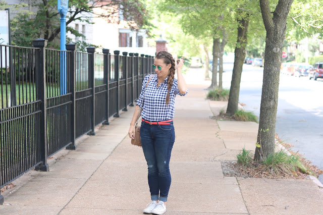 j crew factory gingham plaid shirt gap resolution destroyed skinny jeans high waisted converse white chuck taylor ray ban round mirrored sunglasses rebecca minkoff mac red patent leather skinny belt festival rockabilly style