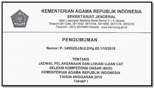 Pengumuman Jadwal Pelaksanaan dan Lokasi Tes Seleksi Kompetensi Dasar Kementerian Agama Provinsi Jawa Tengah