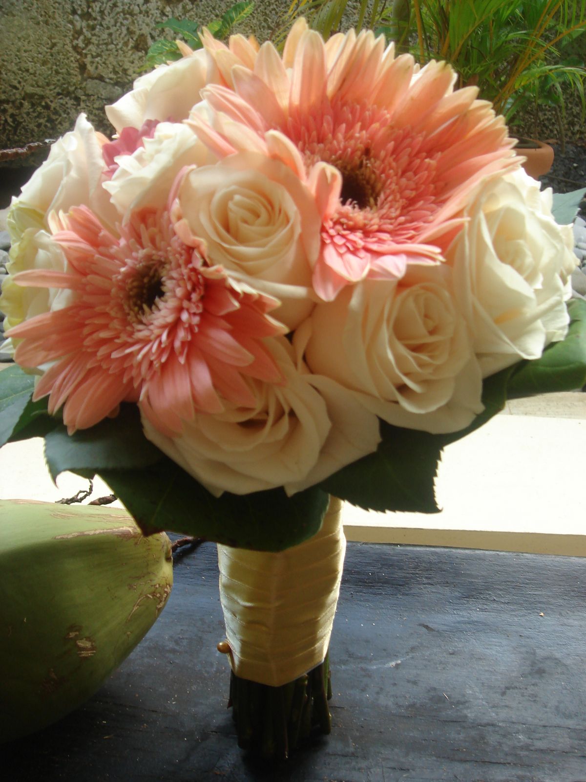 pink gerbera white rose wedding bouquet
