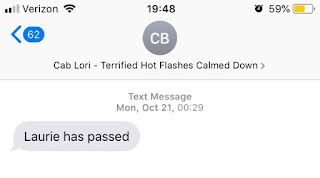 Screenshot: txt message from 'Cab Lori Terrified Hot Flashes Calmed Down'