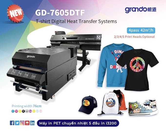 Máy in PET chuyển nhiệt 5 đầu i3200 Grando GD-7605DTF mới 