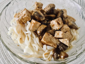 Mongolian tofu over gluten free noodles