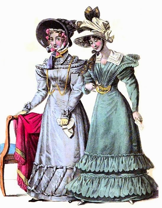 Walking dress (left) and morning dress (right)   from La Belle Assemblée (Jan 1827)