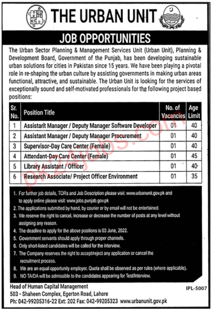 Urban Unit Jobs 2022 – Government Jobs 2022