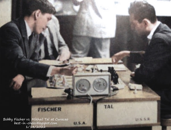 Robert Fischer and Mikhail Tal at Curacao, 1962.