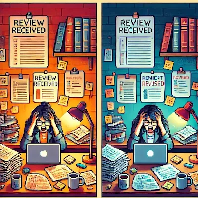Pixel art of a stressed PhD student sitting in a cluttered academic workspace with scattered papers and a red-toned laptop screen showing "Review Received." The student clutches their head in frustration. The scene is bathed in warm, intense red and orange hues symbolizing emotional overwhelm.