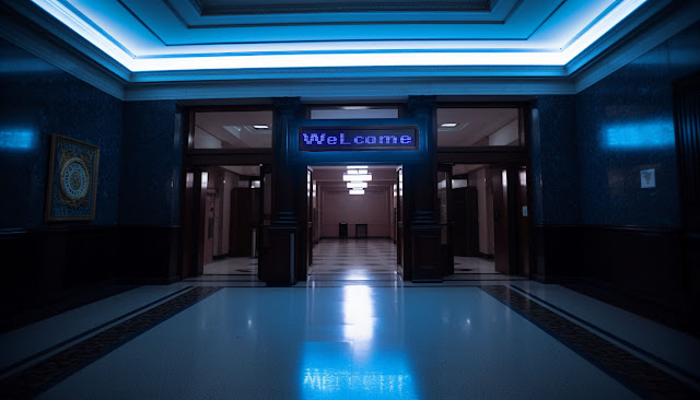 government building lobby with blue scrolling LED sign that says welcome