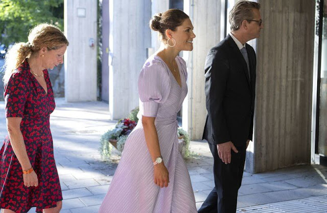Crown Princess Victoria wore a lavender sierina midi dress by Birger Christensen. Baltic Sea Day. Cilla Benkö, CEO of Sweden's Radio