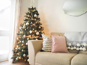 christmas home decor in gold and white featuring baubles and accessories from Dunelm, Laura Ashley, Sainsbury's and Hobbycraft