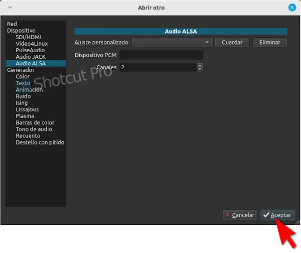 Elegimos la opcion Audio ALSA y configuramos el ajuste personalizado, el dispositivo PCM y en canal