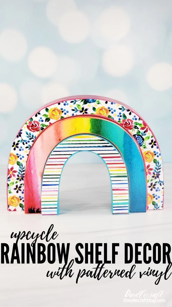 Patterned Vinyl Upcycled Rainbow Shelf Decor!  Upcycle a wooden rainbow into the perfect shelf decoration with a little bit of patterned adhesive vinyl.   Yesterday I released my own custom patterns of adhesive vinyl and heat transfer vinyl through Expressions vinyl!   Get the Doodlecraft Patterned Vinyl or HTV (pick and choose the pieces you want) at Expressions Vinyl--for a limited time only!    This cute rainbow is perfect for home or nursery decor and is just so much cuter with some patterned vinyl.