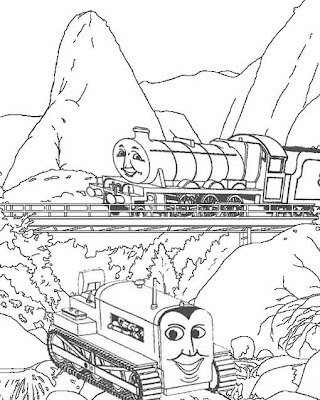 orange Terence tractor and Henry tank engine on the railway bridge free colouring pages for kids