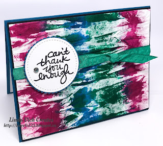 Linda Vich Creates: Tie Dye Thank You Cards. Vibrant tie dye backgrounds using Berry Burst, Emerald Envy and Dapper Denim inks, take centre stage on these thank you cards.