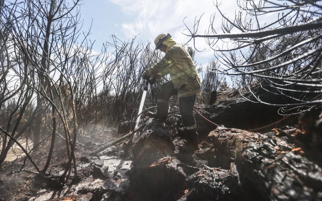 Lính cứu hỏa đang nỗ lưc để tạo ra một đường ngăn lửa dài 50 mét và làm giảm các điểm nóng cháy. ẢNH CHRIS SKELTON