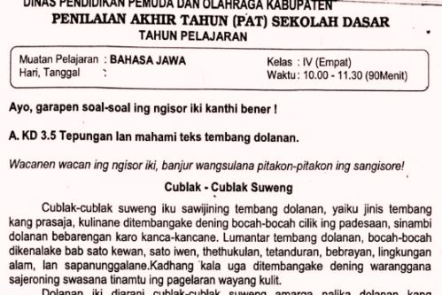  Soal  Ulangan Bahasa  Jawa  Kelas  4 Semester  2  K13
