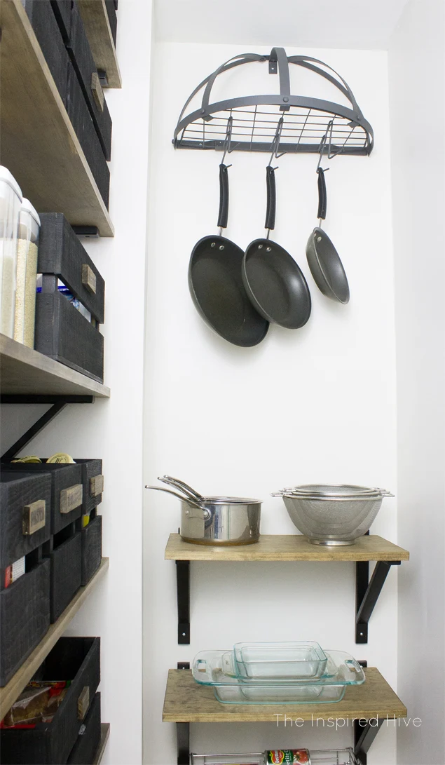 DIY industrial farmhouse pantry. I love this industrial pot rack!