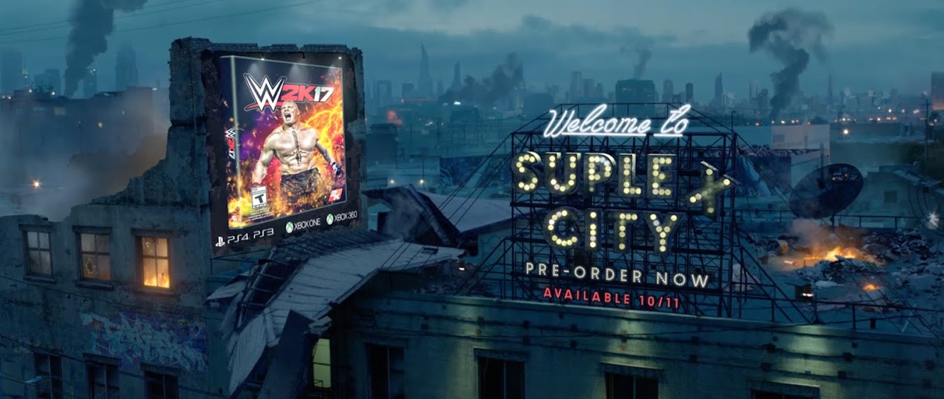 WWE 2K17 Sports "Welcome To Suplex City" — new spot opens on the outskirts of a post-apocalyptic city in ruins