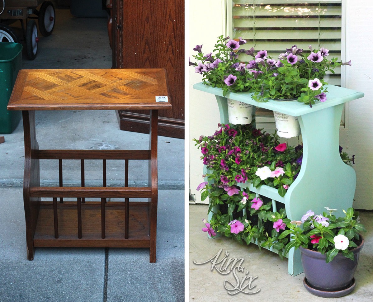 Before and after magazine rack turned plant stand
