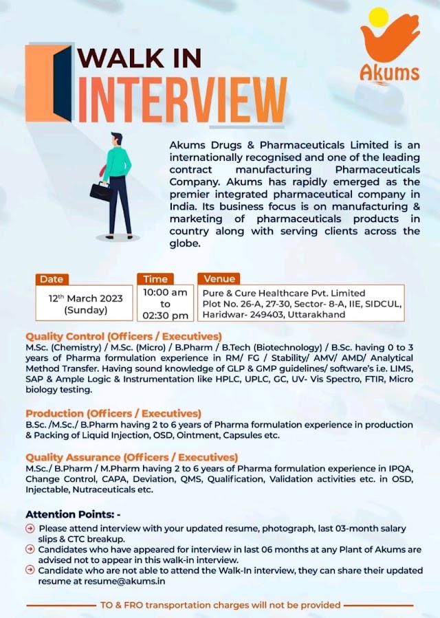 Akums Drugs & Pharmaceuticals | Walk-in Interview for QA, QC & Production on 12th March 2023