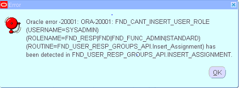 ORA-20001 : FND_CANT_INSERT_USER_ROLE (USERNAME = SYSADMIN) 