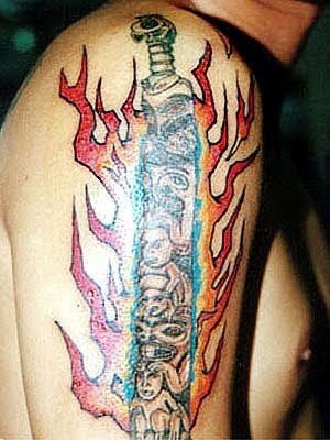 japanese samurai sword tattoo and flame tattoo. red fire tattoo - samurai