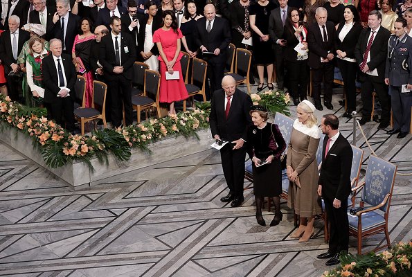 Crown Princess Mette Marit wore Fendi Dress from Fall Winter 2018-19 Collection. Queen Sonja, Yazidi human rights activist Nadia Murad