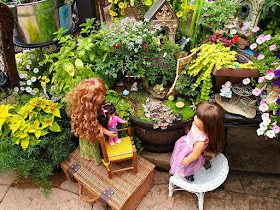 Plum Creek Place, Little Jo's doll party,  broken pot fairy garden, fairy garden, Halloween fairy garden