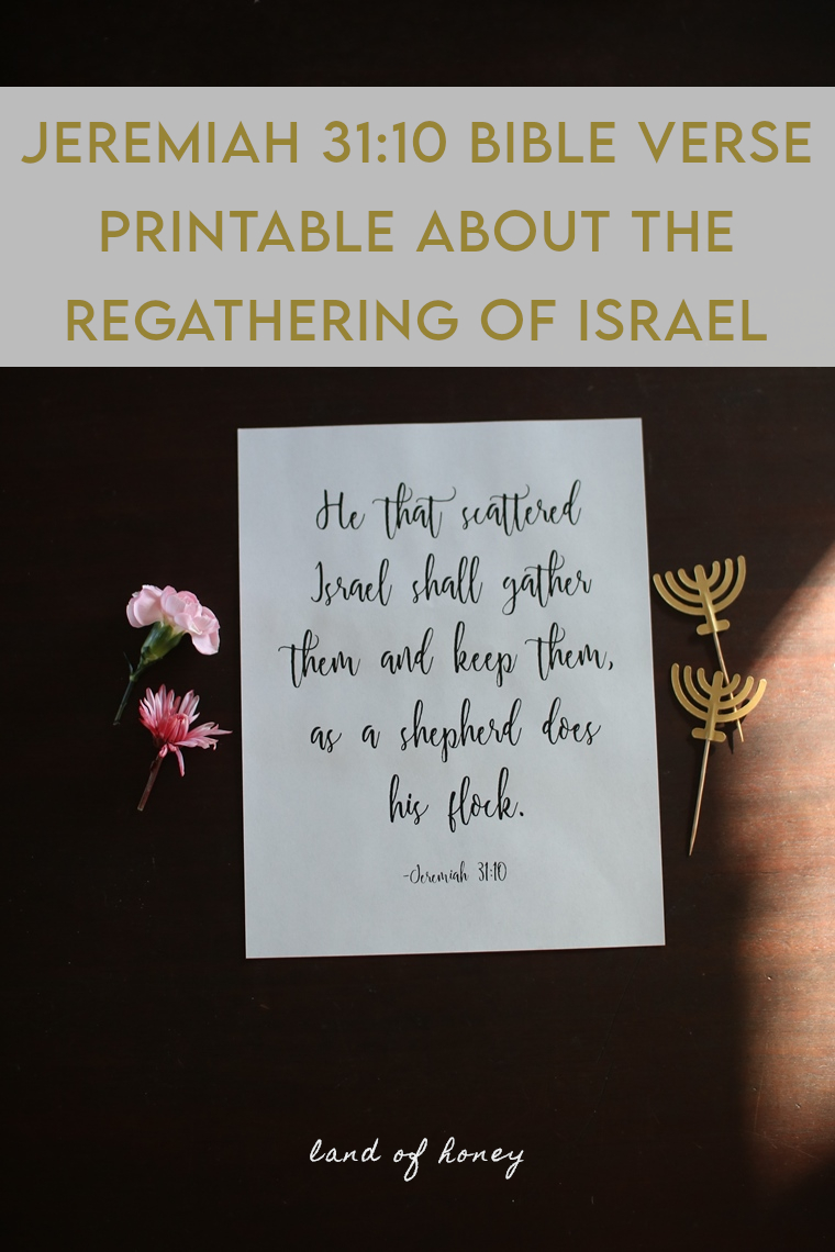 Jeremiah 31:10 Bible verse printable about the regathering of Israel - image shows a piece of paper with "He that scattered Israel shall gather them and keep them, as a shepherd does his flock. Along with two carnation flowers, and two gold paper cut out menorahs.