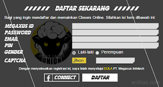 Formulir pendaftaran di Closers Online - Cara Mendaftar Atau Membuat Akun Game Closers Online