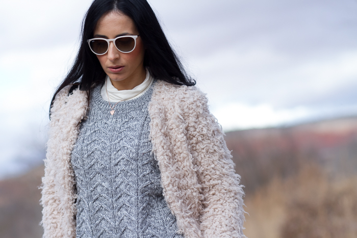 Faux Fur Coat Knitted Sweater and Ray Ban Erika Look Fashion Blogger withorwithoutshoes