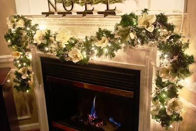 magnolia and greenery Christmas mantel decor