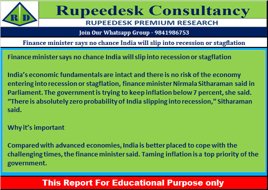 Finance minister says no chance India will slip into recession or stagflation - Rupeedesk Reports - 02.08.2022