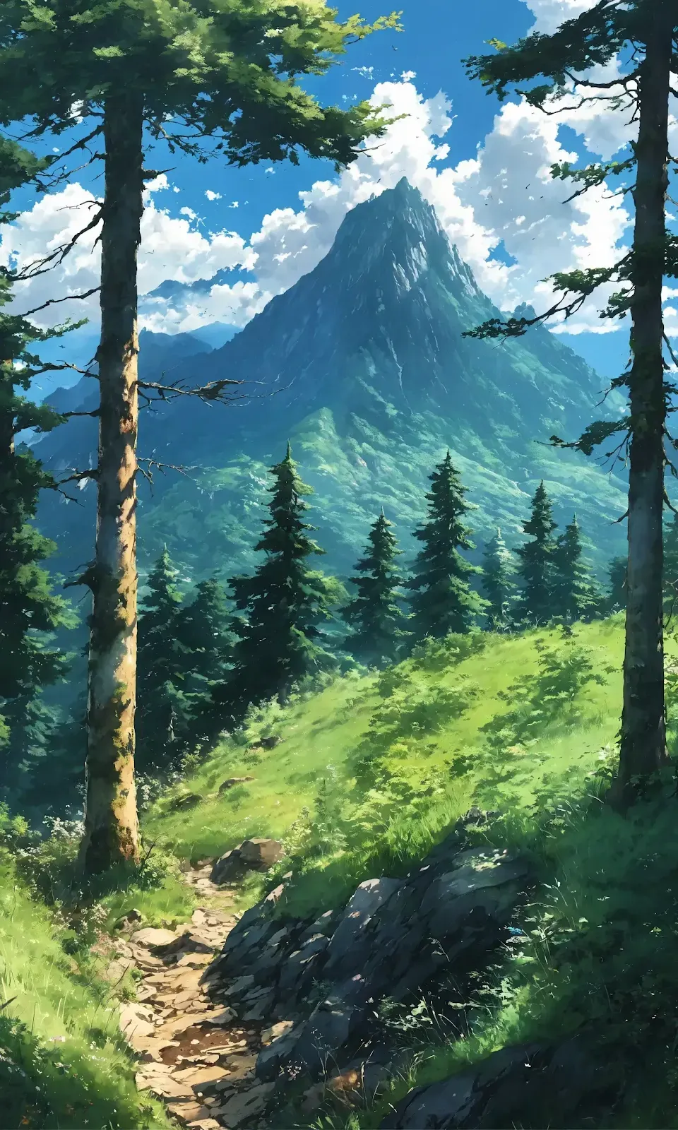 Mountain with Trees in Anime Style