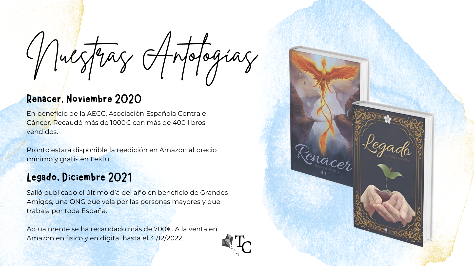 Nuestras Antologías: Renacer, noviembre 2020: En beneficio de la AECC, Asociación Española Contra el Cáncer. Recaudó más de 1000€ con más de 400 libros vendidos.   Pronto estará disponible la reedición en Amazon al precio mínimo y gratis en Lektu.  Legado, diciembre 2021, Salió publicado el último día del año en beneficio de Grandes Amigos, una ONG que vela por las personas mayores y que trabaja por toda España.  Actualmente se ha recaudado más de 700€. A la venta en Amazon en físico y en digital hasta el 31/12/2022.