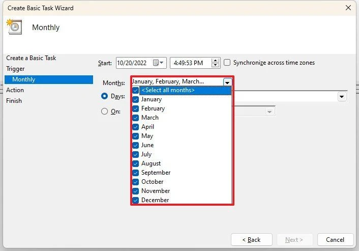 Quick note: Task Scheduler includes a number of triggers, including on a specific date, during startup, or when you or a particular user signs in. Depending on the trigger, you'll need to configure additional parameters. In this case, we'll select the option to run a task every month.