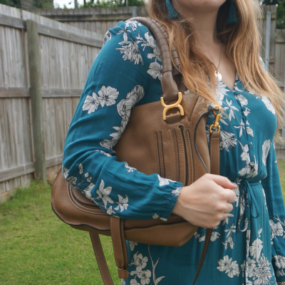 teal floral print dress with chloe marcie shoulder bag in nut brown | awayfromblue