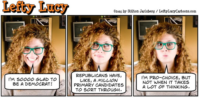 lefty lucy, liberal, progressive, political, humor, cartoon, stilton jarlsberg, conservative, clueless, young, red hair, green glasses, cute, democrat, pro-choice, primary, candidates