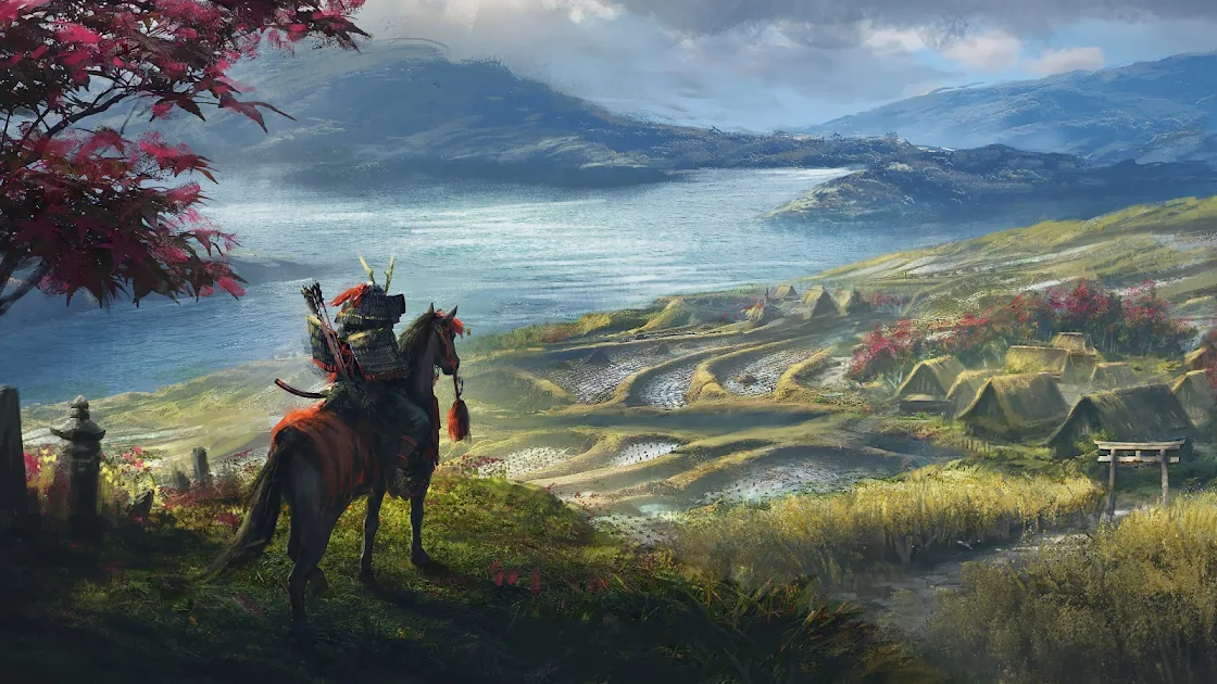 Awesome Illustration of a Samurai contemplating a beautiful landscape ofo japan. Cool wallpaper for Shogun fans.