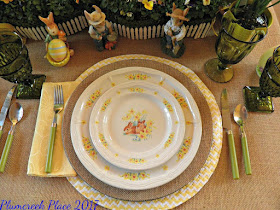 burlap chargers, burlap table covering, daffodils, Domestications Bunny Plates, Easter decor, Easter tablescape, Here comes Peter Cottontail, Paper Mache Bunnies, Peter Cottontail, violas