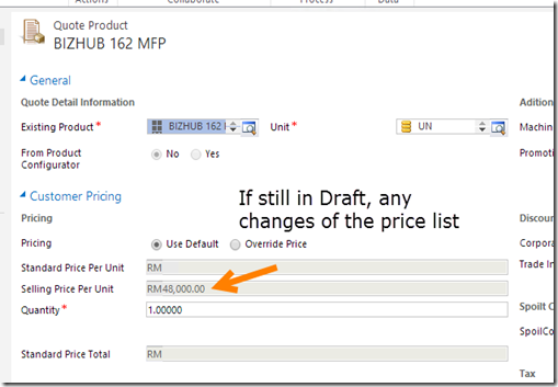 If has default price list, price list changed draft quote product will be reflected