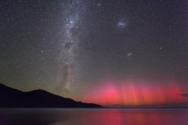 Aurora, Milky Way Galaxy, Large Magellanic Cloud Galaxy and Small Magellanic Cloud Galaxy seen over Wilsons Promontory National Park