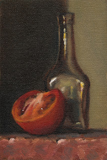 Still life oil painting of a small glass bottle beside a halved tomato.