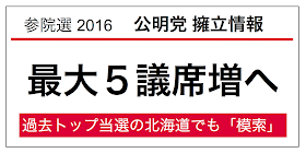 公明党の「１増」選挙区での候補者擁立について、産経が報じている。産経は最も公明党の擁立について力を入れて報じている報道機関だ。先日、県委員会が擁立を決定した福岡県選挙区に加えて、４道県が報じられている。注目は北海道で「模索」と報じられていることだ。 