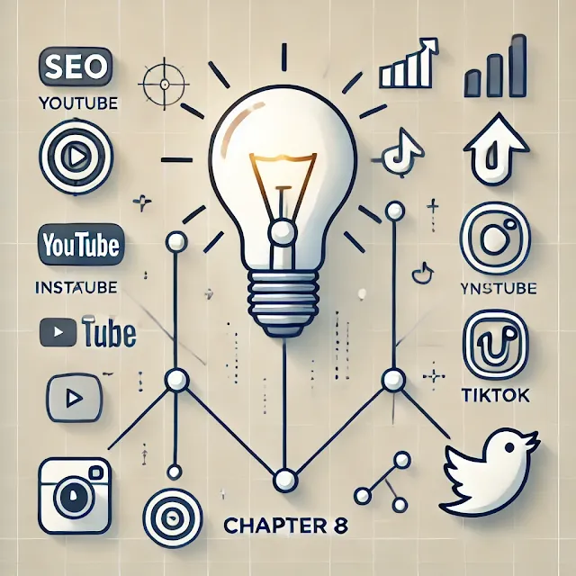 An image representing the conclusion for Chapter 8, featuring a lightbulb symbolizing ideas, upward arrows for growth, and interconnected icons of YouTube, Instagram, and TikTok, emphasizing strategy and success.